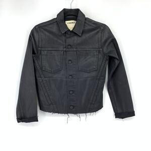 L'AGENCE Janelle Coated Denim Jacket Black Cropped Raw Hem Snap Front Sz Small